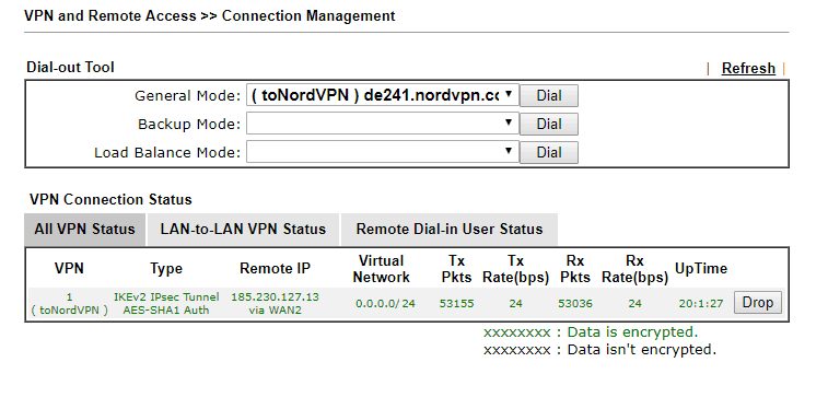 a screenshot of DrayOS VPN Dial-Out page